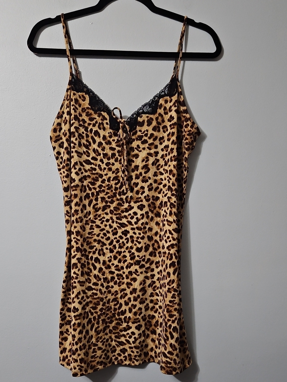 Morgan Taylor Leopard Print Chemise with Black Lace Trim Slip Dress Gown Size M